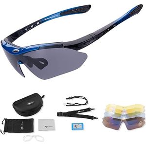 Rockbros Fietsbril - Gepolariseerde Sportbril Set - 5 Verwisselbare Lenzen - UV-Schutzbeschichtung - Blauw