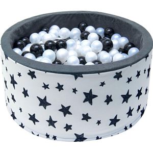 Ballenbak - stevige ballenbad - sterrenpatroon -90 x 40 cm - 200 ballen Ø 7 cm - zilver, wit en zwart