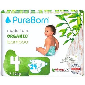 PureBorn Eco Organic Bamboe Luiers, Maat 4 (7-12 kg), 24 Luiers, Hypoallergeen, Ultrazacht, Milieuvriendelijk, Assorti Print, Natheidsindicator
