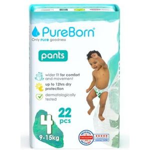 PureBorn Premium broekjes, maat 4 (9-15 kg), 22 babybroekjes, superieure bescherming dag en nacht, hypoallergeen, ultrazacht, dermatologisch getest, geschikt voor de huid