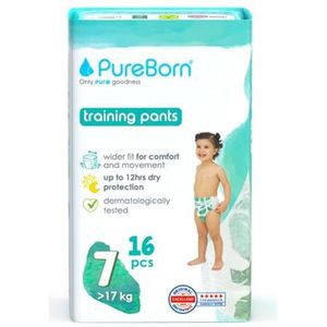 PureBorn Premium broekjes, maat 7 (17 kg), 16 babybroekjes, superieure bescherming dag en nacht, hypoallergeen, ultrazacht, dermatologisch getest, geschikt voor de huid