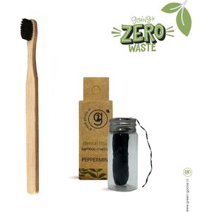 green-goose® Tandverzorgingspakket Floss Zwart | Biologisch Afbreekbaar Vegan Maisvezel Flosdraad | Bamboe Tandenborstel | Duurzaam | Milieuvriendelijk | Minimal Waste