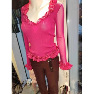 Beeldige fuchsia blouse voor dames met roosjes - maat S/M