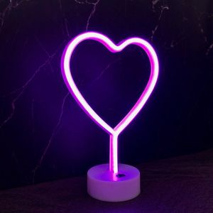 LED Neon Tafellamp "Hart", Op Batterijen en USB, 20x10x29cm, Roze