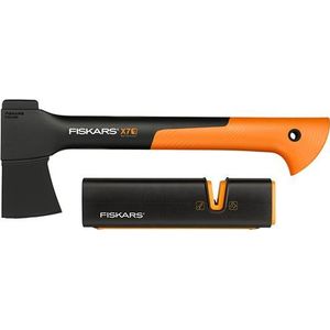 Fiskars Bijl set, universele bijl: inclusief mes- en transportbescherming, lengte: 35,5 cm, anti-aanbaklaag, X7-XS, 640 g; bijl en messenslijper: keramische slijpkop, Xsharp, 1020183