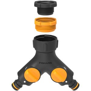 Fiskars 2-weg-kraankoppeling Multi, On/Off-ventiel, voor 3 schroefdraadmaten: Ø 21 mm (1/2""), Ø 26,5 mm (3/4"") en Ø 33,3 mm (1""), 85 g, zwart/oranje, 1027061