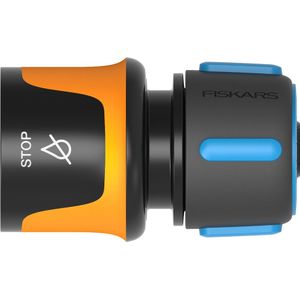 Fiskars Slangkoppeling, met stop-mechanisme, SoftGrip-contactpunten, universele maat, Ø 1,3-1,5 cm (1/2-5/8''), 32 g, zwart/oranje/blauw, 1027080