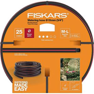 Fiskars Tuinslang M-L, universeel formaat, UV-bescherming, onder druk getest, verdraaiingsbestendigheid: niveau 3 (van 5), 25 m, Ø 1,9 cm (3/4''), 5 kg, zwart/rood, 1027100