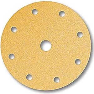 Mirka 100 vellen universeel schuurpapier, goudkleurig, Ø 150 mm, klittenband, 9 gaten, korrelgrootte P220, voor het slijpen, pleisterwerk, spatel, spaanplaat, hout, lak