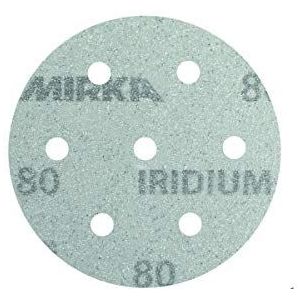 Mirka Iridium Premium schuurpapier Ø 90 mm klittenband 7 gaten, korrel 80, 50 stuks/voor het schuren van verf, stopverf, primer, hout, staal, minerale materialen, kunststof