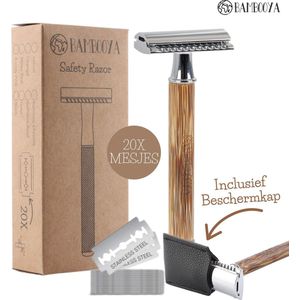 Bambooya Safety Razor + 20 scheermesjes + Beschermkap - Unisex Scheermes voor Mannen Vrouwen - Double Edge Single Blade - Zero Waste Duurzaam Scheren - Bamboo Chrome