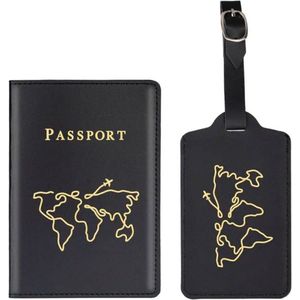 Paspoort hoesje met kofferlabel - Paspoorthouder - Bagage label - Vliegen - Vakantie - Zwart / Goud - PU leer - 11 cm x 17 cm
