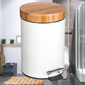 Decopatent Pedaalemmer 3 liter - Met Bamboe Houten Deksel - Pedaalemmer 3L - Prullenbak - Keuken toilet - 17Øx25.5 Cm - Mat Wit