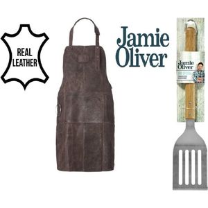 Lederen BBQ schort -  Jamie Oliver Spatel - Acacia Hout  - RVS -Barbecue Time To Grill - Donkerbruin
