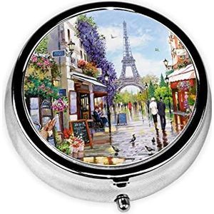 Paris Street Scene Eiffeltoren Mini Mode Ronde Pillendoos, Reizen Pillendoos, Draagbare EHBO-pillendoos, geschikt voor de portemonnee zak