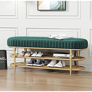 GLHalfM Metalen schoenenrek met fluwelen stoel, moderne gestoffeerde schoenenbank, decoratieve woonkamerbank Ottomaanse accentmeubels, luxe toegangsschoen opbergbank - groen 100x32x47cm (39x13x19inch)