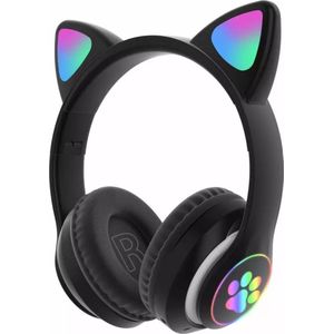 Kinder Hoofdtelefoon-Draadloze Koptelefoon-Kids Headset-Over Ear-Bluetooth-Microfoon-Katten Oortjes-Led Verlichting-Zwart