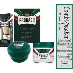 Proraso green pakket- Aftershave lotion, pre-shave crème en scheerzeep en Proraso scheerkwast - Kerst - Kerstcadeau