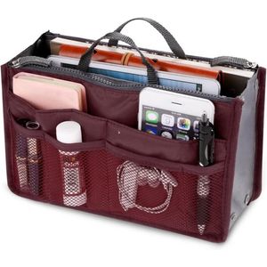 Handelshandtas, cosmetica, multifunctionele tas met dubbele ritssluiting, hopper-organizer, reismake-upkoffer, draagbaar, tas met 13 zakken, 4 kleuren, wijnrood