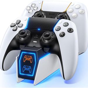 Intelectro Laadstation Geschikt voor PS5 Controller - Game Slim en Snel met het Intelectro PS5 Controller Laadstation! - Ingebouwde Sfeerverlichting - Snel Opladen - 2 Controller Docking Station - Wit - Levering Sneller dan Aangegeven!
