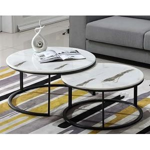 SWEET DECO Set van 2 salontafels, rond, marmer, wit, keramische plaat, zwarte poten van roestvrij staal, 80 x 80 x 45 cm en 60 x 60 x 40 cm