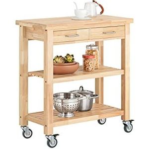 SoBuy FKW24-N Rubberwood Keukentrolley Verrijdbare trolley met twee planken -L80xD40xH90cm