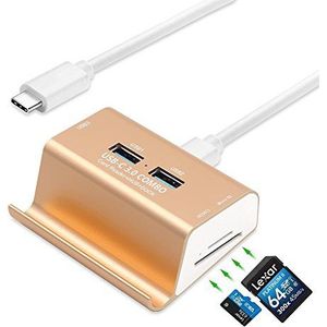 GZCRDZ USB 3.0-kaartlezer + 3-poorts USB 3.0-hub + telefoonhouder, supersnel multi-in-1 aluminium USB-C 3.0 COMBO, SD/TF/MicroSD-kaartlezer HUB voor Macbook/laptop/tablets/meer Type-C-apparaten Goud
