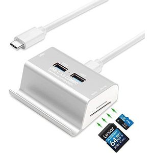 GZCRDZ USB 3.0-kaartlezer + 3-poorts USB 3.0-hub + telefoonhouder, supersnel multi-in-1 aluminium USB-C 3.0 COMBO, SD/TF/MicroSD-kaartlezer HUB voor Macbook/laptop/tablets/meer Type-C-apparaten ZILVER
