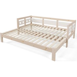 Dagbed, uitschuifbaar bed, massief grenen, met 2e bed en rolframe, hartvormig bed, wit en naturel