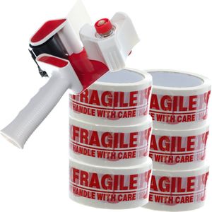 profipack verpakkingstape tape dispenser + 6 rollen verpakkingstape ""Fragile"" promopack stevig klevend sterk