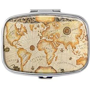 Ancient World Map Pillendoos met spiegelvak pillendoos voor portemonnee of zak zilver rechthoekige pillendoos of vitamine, visolie, pillenorganisator