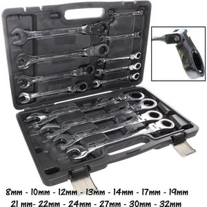 13-delige Ring Ratel Set - Professionele Steeksleutels van 10 mm tot 32 mm - Knikarm Gereedschapskoffer