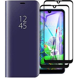 TANYO Hoes + 2 stuks 9H zwart gehard glas beschermfolie geschikt voor LG K50, Perspective Luxury Mirror Mode ultradunne hoes, paars-blauw