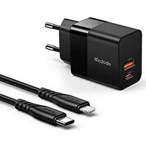 Mcdodo CH-1952 20W Dual Wall Charger with USB and USB-C Ports, plus USB-C to Lightning Cable (Black)