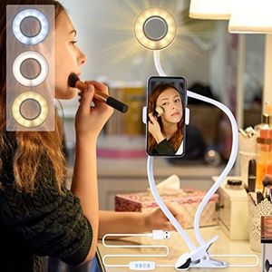 AGM Selfie lichtring 9 cm diameter met 61 cm zwanenhals houder en mobiele telefoonhouder, make-up lamp, mobiele telefoon houder en sociale media