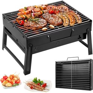 Uten Opvouwbare Smoker Barbecue - Tafel Barbecue - Houtskoolbarbecue - Camping bbq - BBQ Grill - Grilloppervlak (L x B) 35 x 27 cm - Zwart