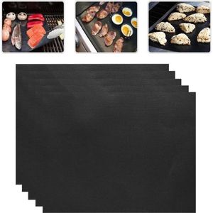 5 PCS 0.2mm Thick Barbecue Grill Mat Non-Stick BBQ Grill Mats  Afmeting:40*33CM(zwart)