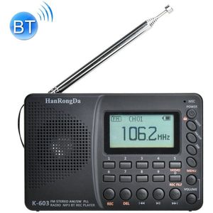 K-603 Portable FM / AM / SW Full Band Stereo Radio  Support BT & TF Card (Zwart)