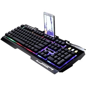 ZGB G700 104 toetsen USB-bekabelde mechanische gevoel RGB-achtergrondverlichting metalen Panel schorsing Gaming toetsenbord met telefoon Holder(Black)