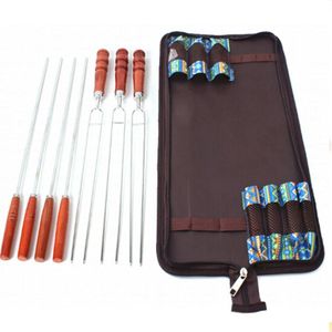Buiten picknick RVS BBQ-bak naald Barbecue vork U-vormige milieu houten handvat 7 delige Set