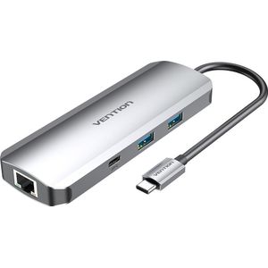 Vention TOMHB Gray USB-C Docking Station with HDMI, USB-C, 2x USB3.0, RJ45, SD, TF, TRRS 3.5mm, and PD 0.15m