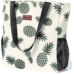Originele schoudertas met bloemenprint, waterbestendig, groot, voor sportschool, strand, reizen, dagelijks gebruik, Witte Ananas-uk, L