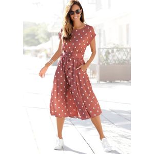 Zomerjurk - Marsala/Crème - All-over Print - Ronde Hals - Korte Mouwen