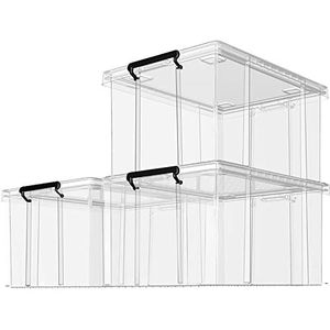 Cetomo 35 l x 3 opbergdozen, stapelbare doos met deksel, robuuste container met versterkte hoeken, verticale zijkanten en drukvergrendeling, duurzaam, van kunststof, transparant, 35 l, set van 3