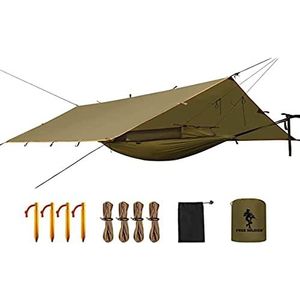 FREE SOLDIER Tactische hangmat voor 2 personen, lichte waterdichte draagbare schommel met klamboe, regenvliegtent, zeil, 2 x hangende banden voor wandelen (bruin, hangmat tarpkit)