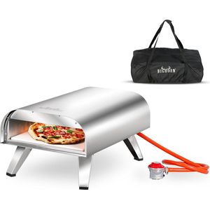 BIGHORN Gas Pizzaoven voor Buiten - Pizza Gourmet - Barbecue - Edelstaal - 30.5cm pizzasteen -temperatuurweergave tot 460 ° C - met Draagtas