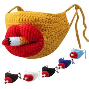 OSMARI Creativiteit Worstenmond Handgebreid Masker, eigenzinnig Grote Mond Rode Lippen Masker Handgemaakt DIY Gebreid Masker met Sigaretten (Zwart)