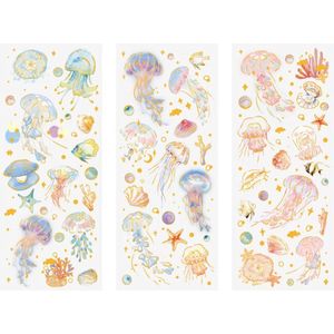 3 stickervellen Oceaan - Stickers De Zee - Hobbystickers - Kwallen - Schelpen - Zeester - Vissen - Goud Foil