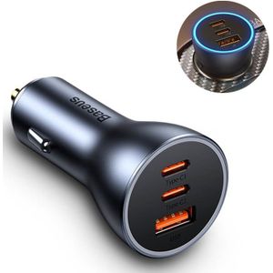 Baseus Autolader Oplader USB-C & USB 3x Snellader - Grey 65W [Triple Fast Car Charger]