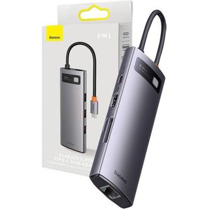 HUB - Baseus StarJoy - 8in1 USB-C Hub - Grijs - USB-C naar USB-C / 3x USB-A / HDMI / RJ-45 / SD TF